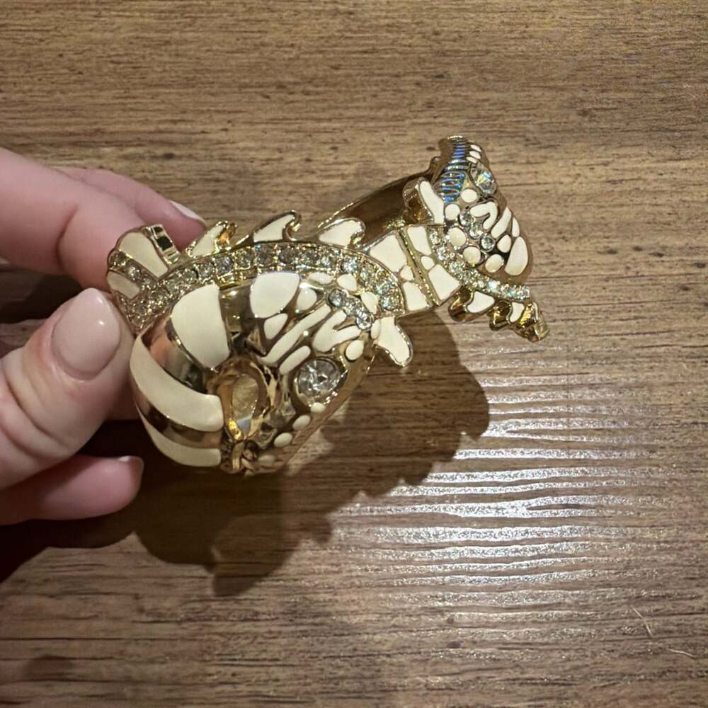 Seahorse Zebra Striped Enamel Bracelet Rhinestone Clamper Hinged Cream Gold Tone